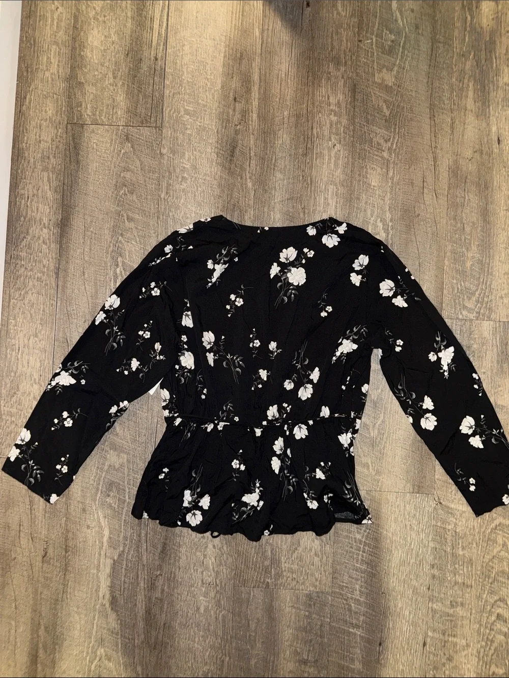 Old Navy Black Floral Wrap Top with Tie Waist